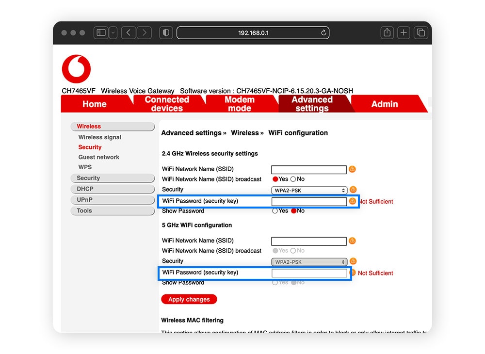 A screenshot of a router settings in a browser.