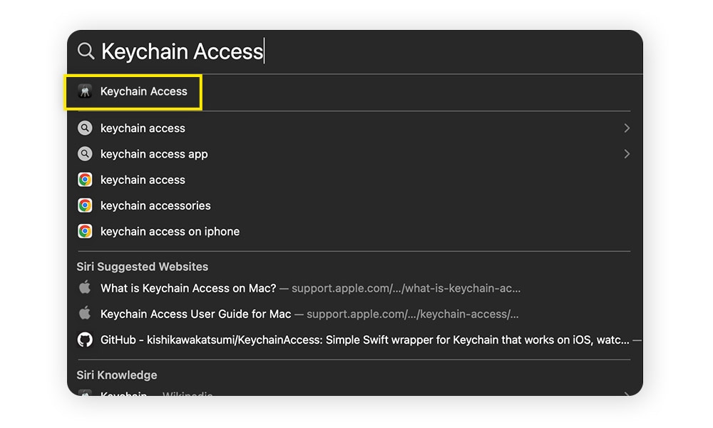 A screenshot of Spotlight search of a Keychain Access.