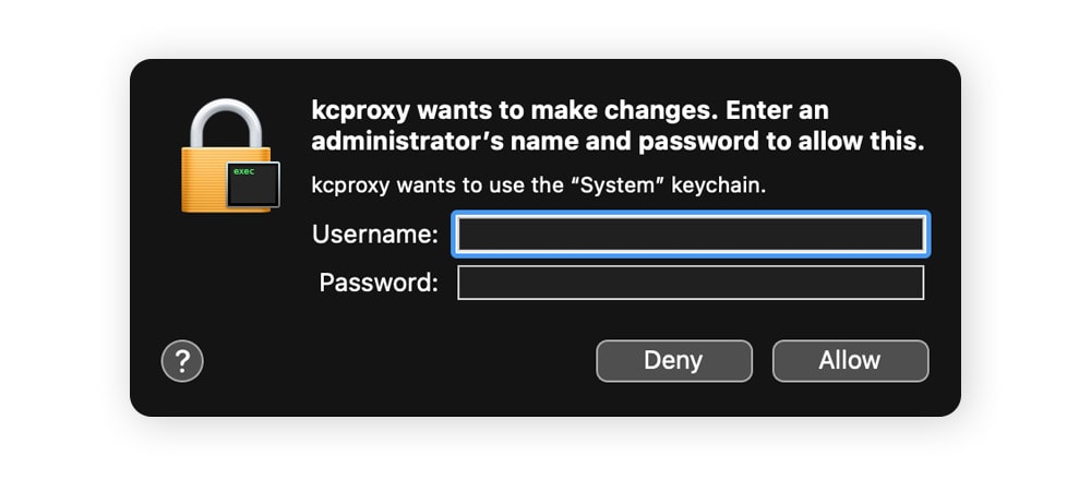 A screenshot of a username and password prompt in macOS.