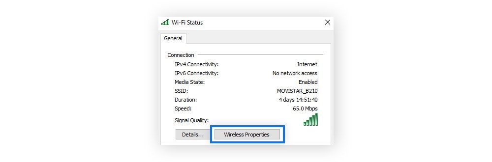 A screenshot of Wireless Properties settings in Windows.