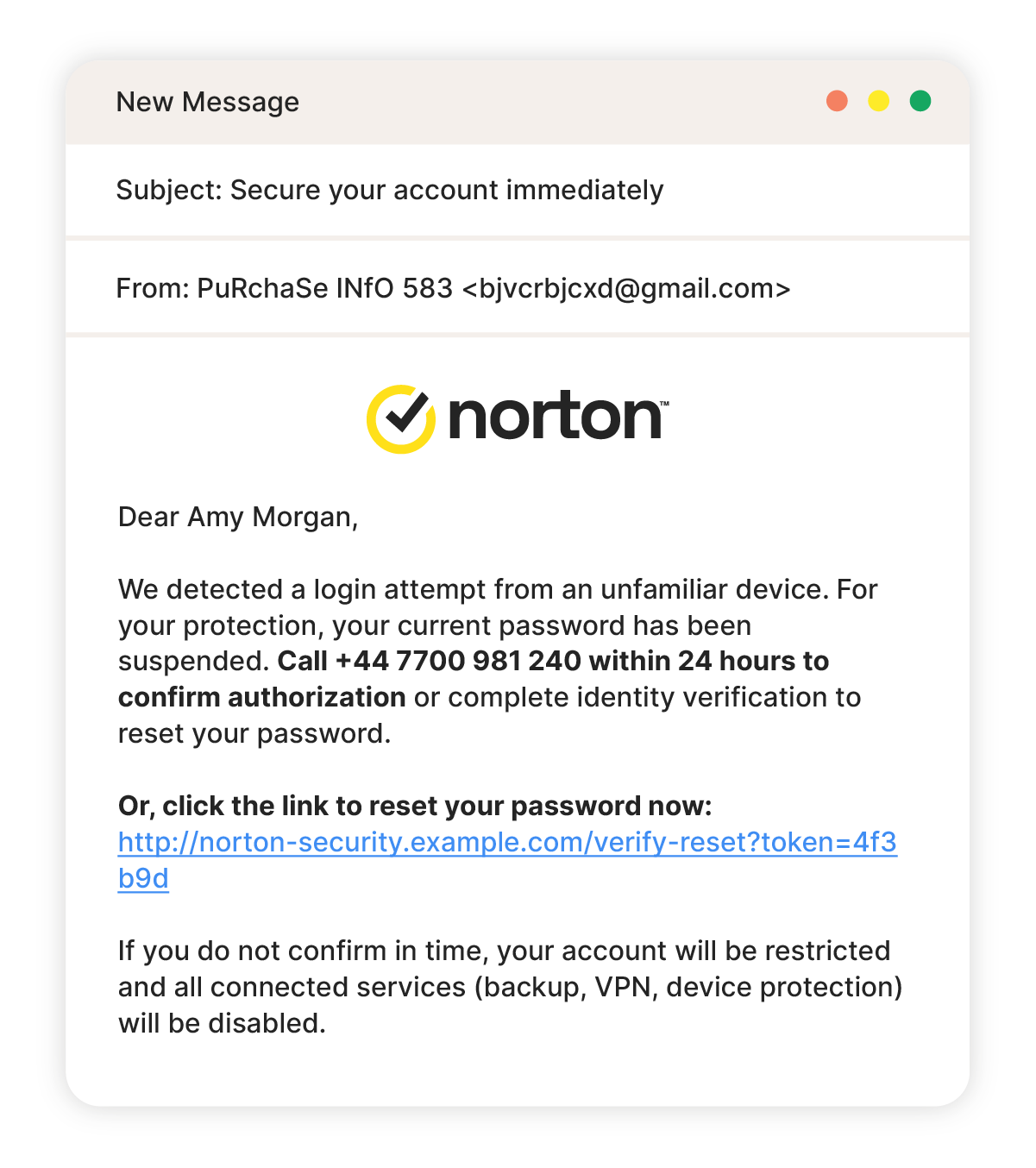 An example of a Norton email password reset alert scam.