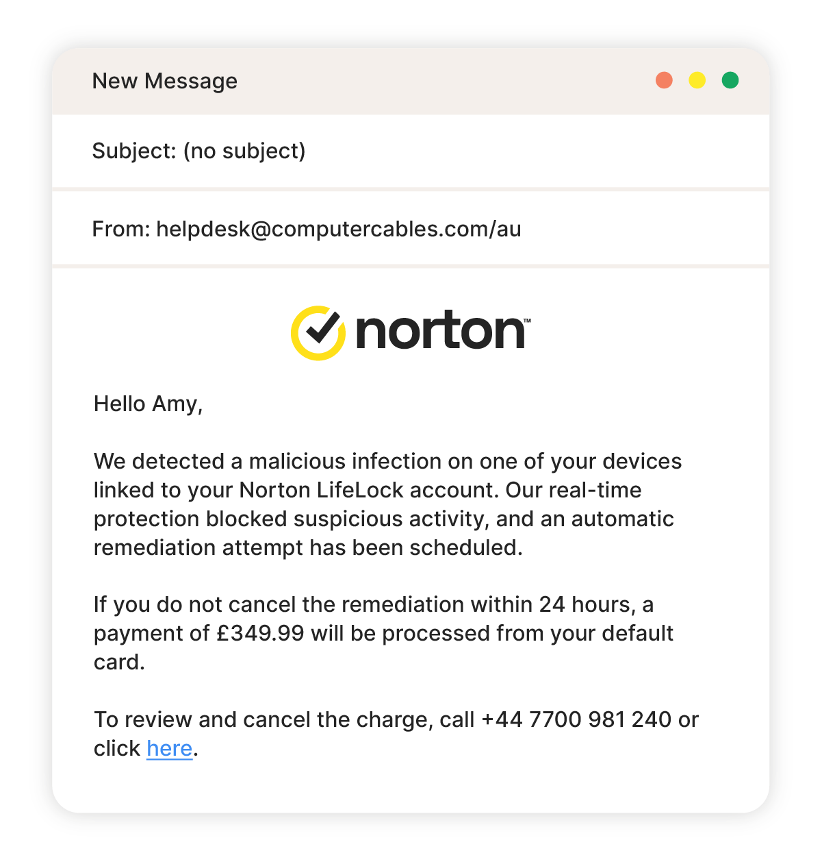 An example of a Norton email infected device scam.