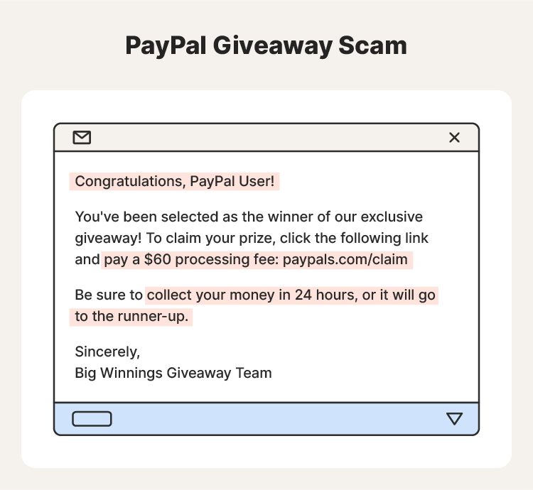 Example of a PayPal giveaway scam message.