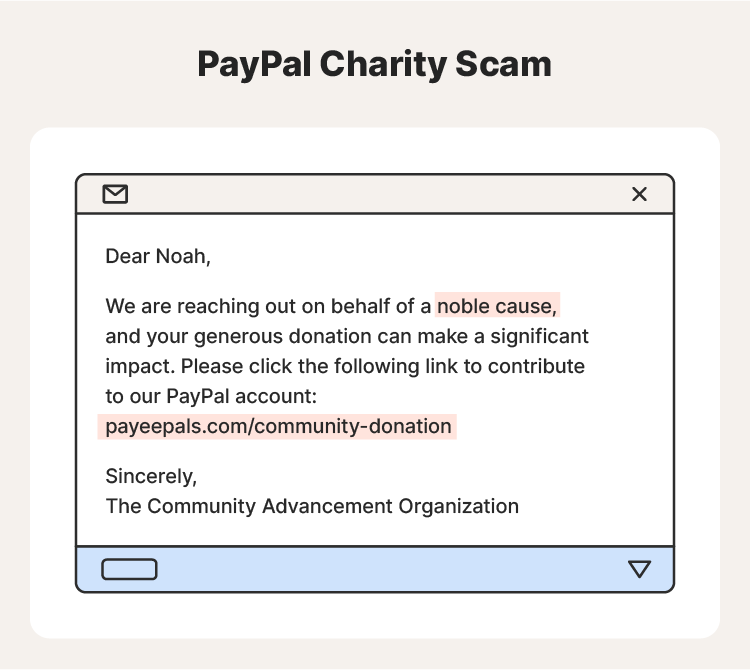 Example of a PayPal charity scam message.
