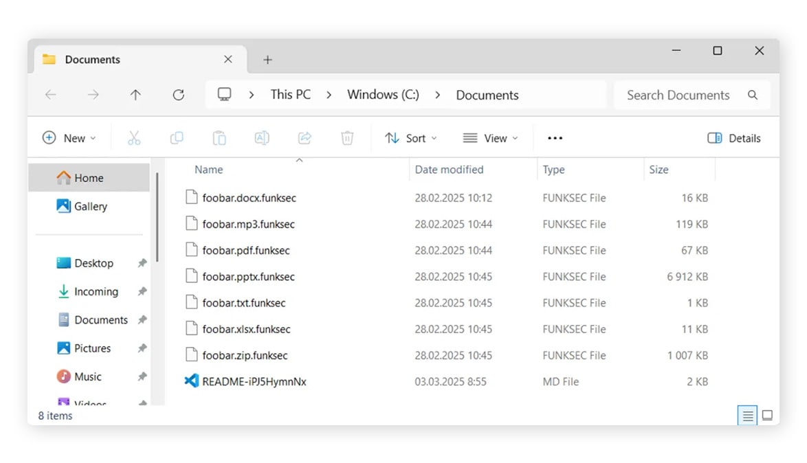 The FunkSec ransom note in the Documents folder.
