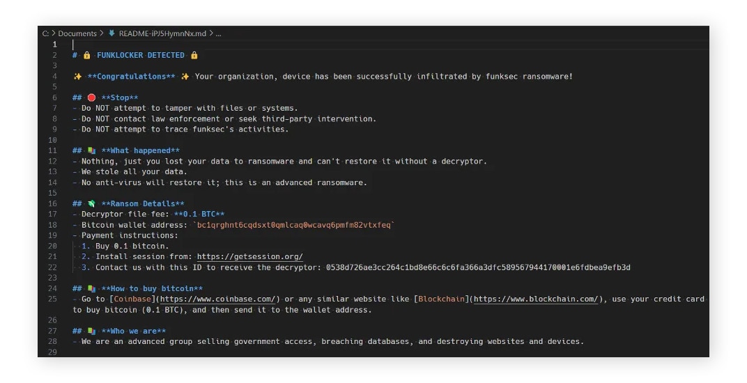 Example of a FunkSec ransom note.