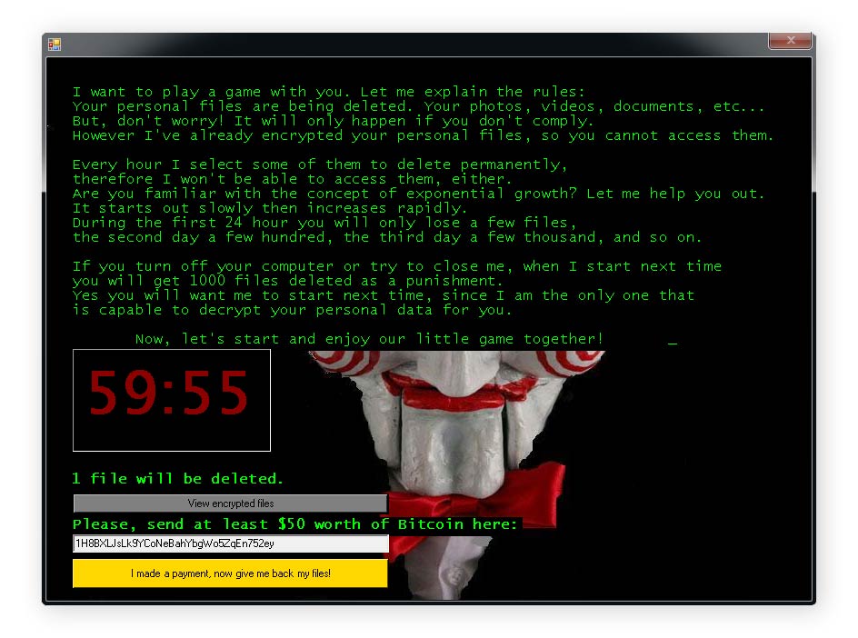 Jigsaw ransom note screen.
