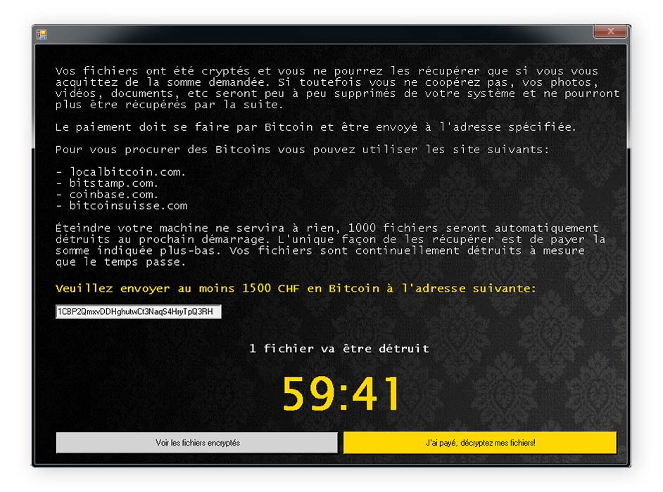 French-language Jigsaw ransom note screen.