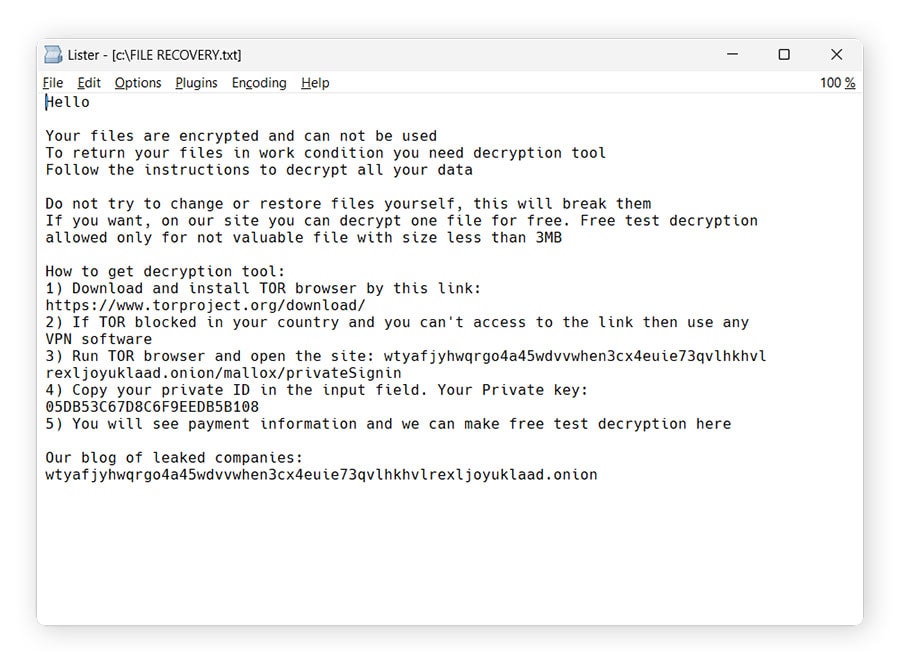 Mallox ransom note example.