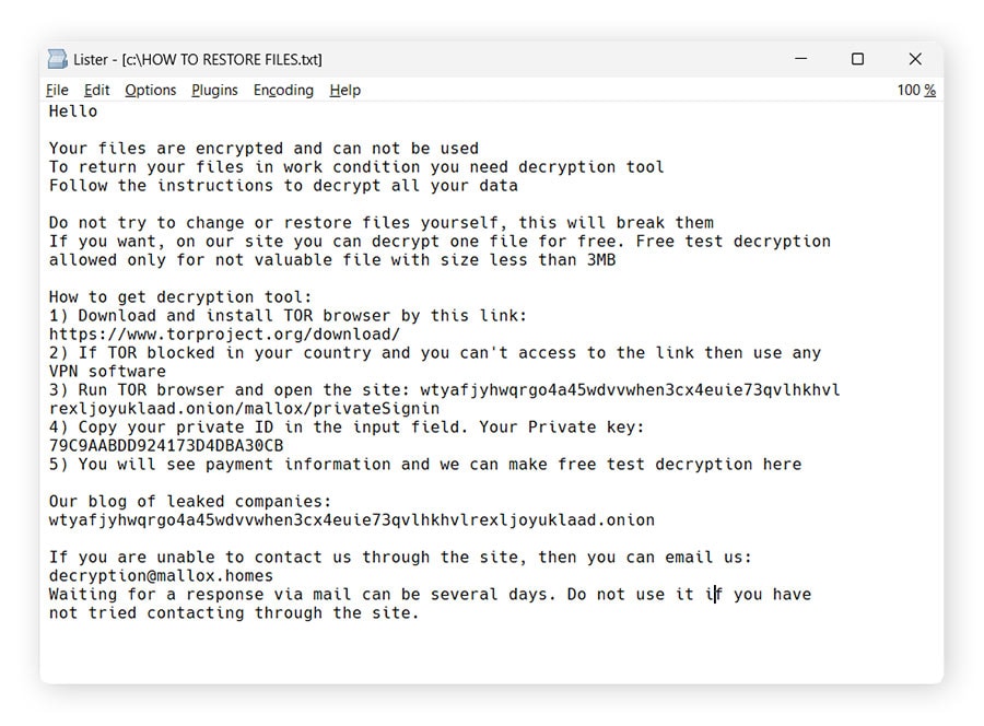 Mallox ransom note example.
