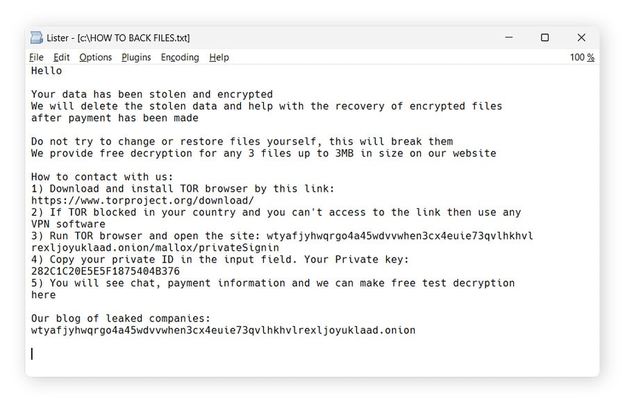 Mallox ransom note example.