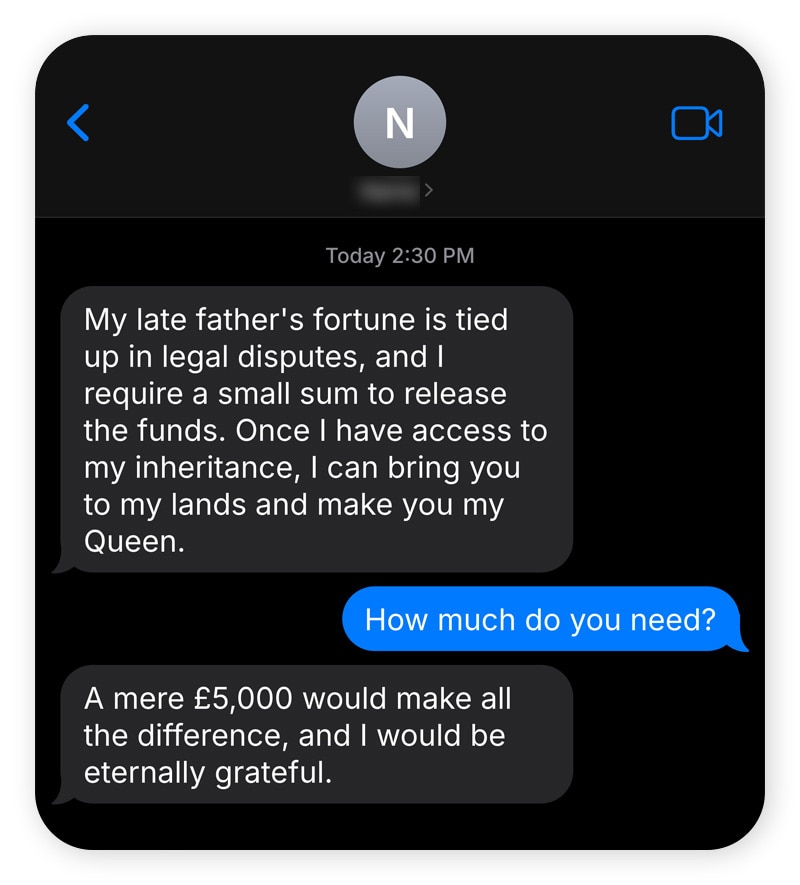 A Nigerian romance scam chat exchange.