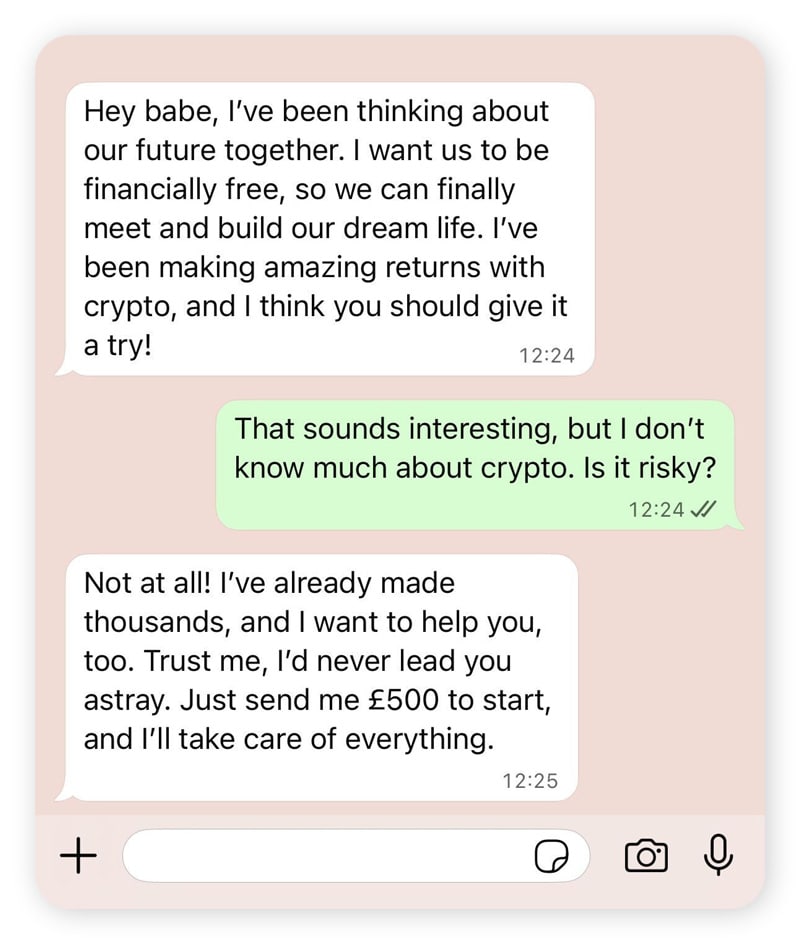 A pig butchering romance scam chat exchange.