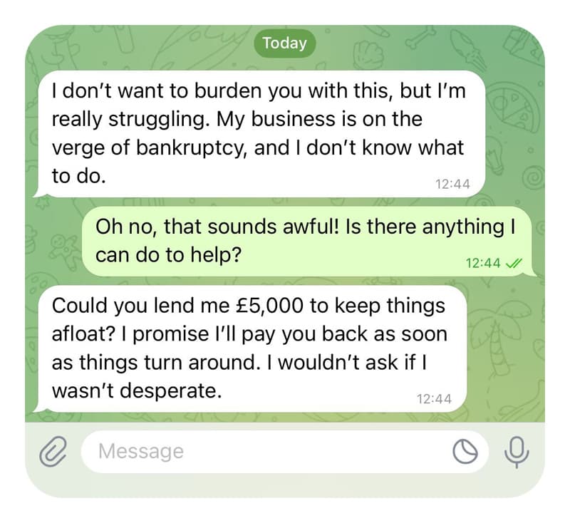 A Telegram romance scam chat exchange.