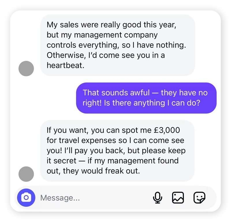 A celebrity romance scam chat exchange.
