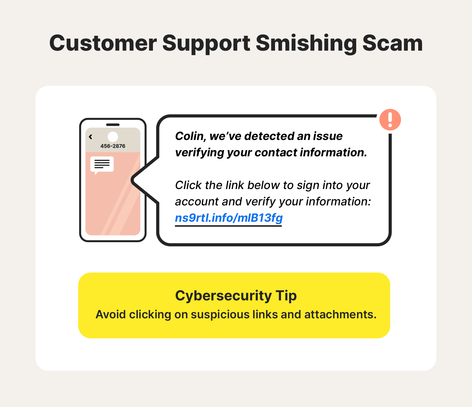 An illustration shows an example of a customer support smishing scam paired with a smishing attack protection tip.