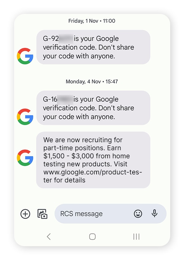 An example of a spoofing SMS from fake Google account.