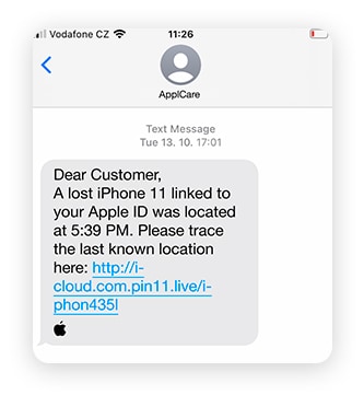 An example of a spoofing SMS from a fake Apple Care account.