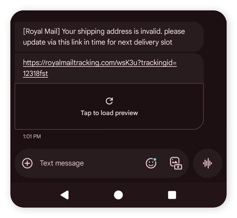 An example of a spoofing SMS from a fake Royal Mail account.