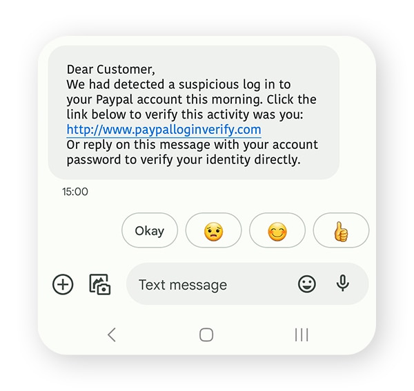 An example of a spoofing SMS from a fake PayPal Care account.