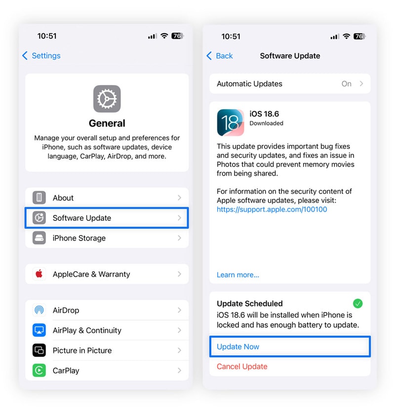 iPhone screenshots showing how to update software.