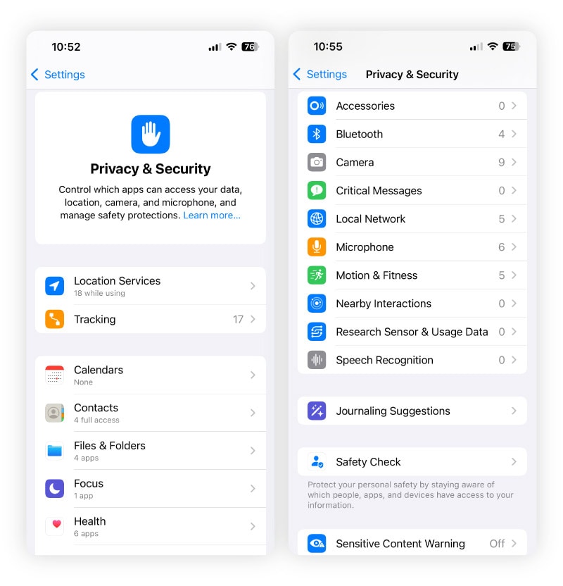 iPhone screenshots of Privacy & Security settings.