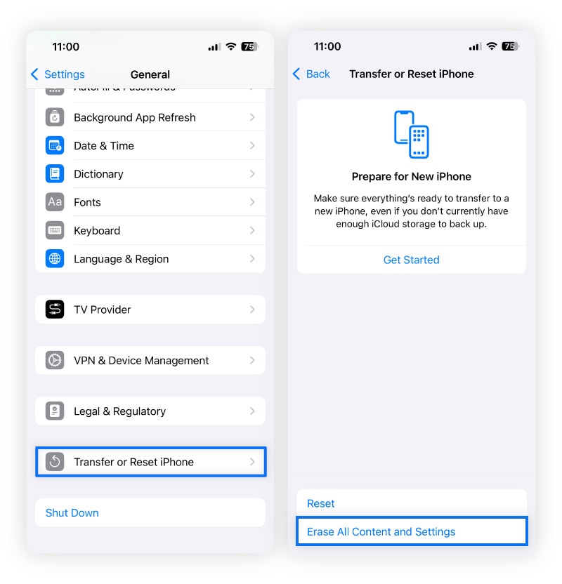 Screenshot showing how to factory reset an iPhone.