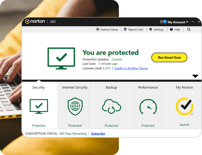 The home screen of the Norton 360 Standard application shows that the device on which the application is installed is protected.