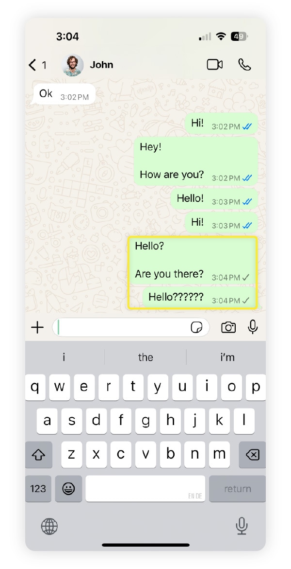 Screenshot of WhatsApp message not delivering because the sender was blocked.