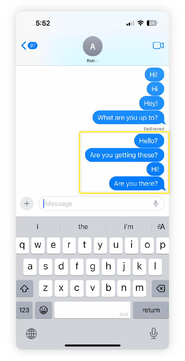 Screenshot of iMessages not being delivered because the sender was blocked.