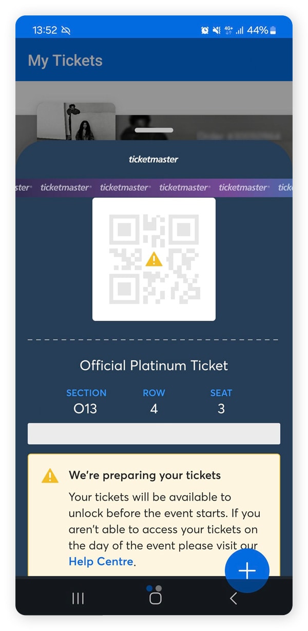 An example of a locked ticket in the Ticketmaster app, which helps prevent Ticketmaster scams.