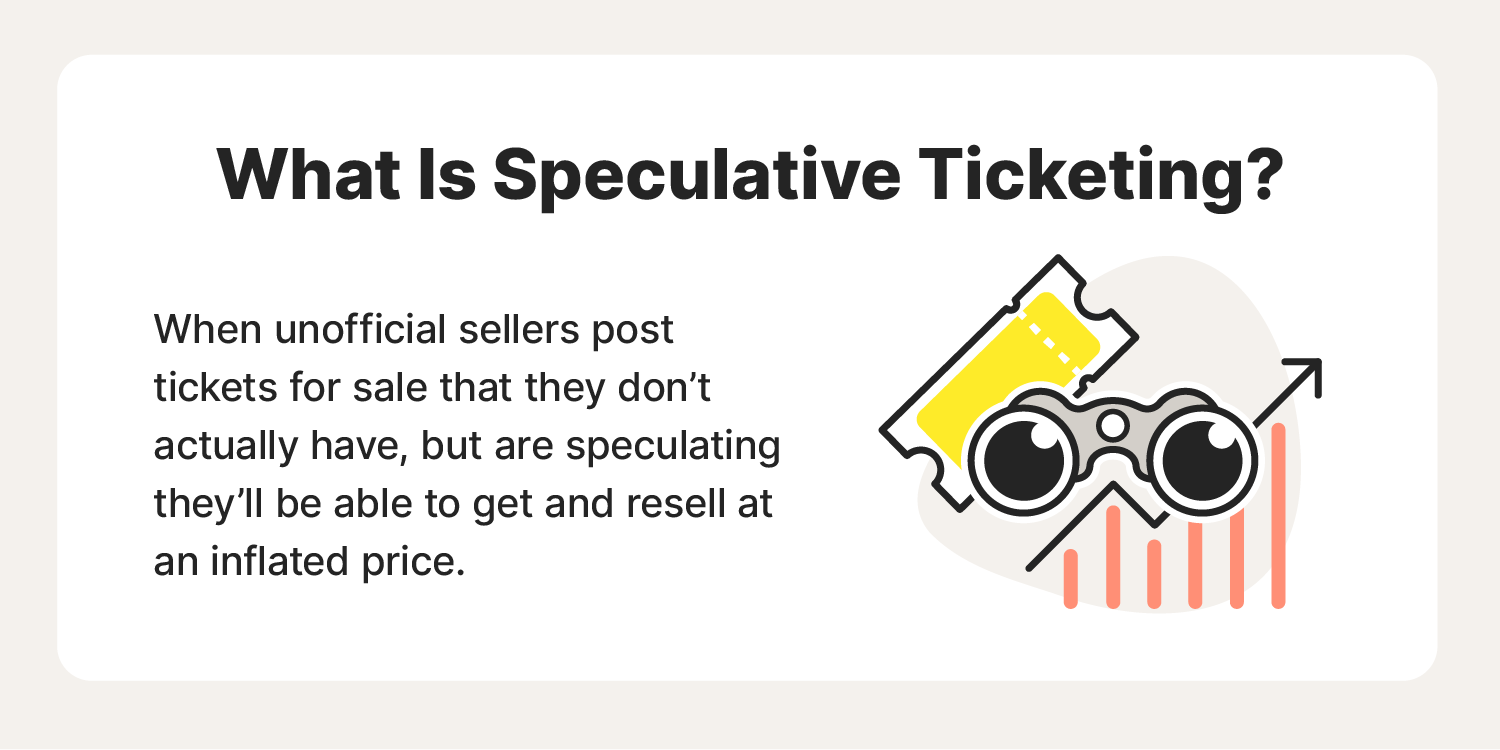 A visual explaining that speculative ticketing is when unofficial sellers post tickets they don’t actually have.