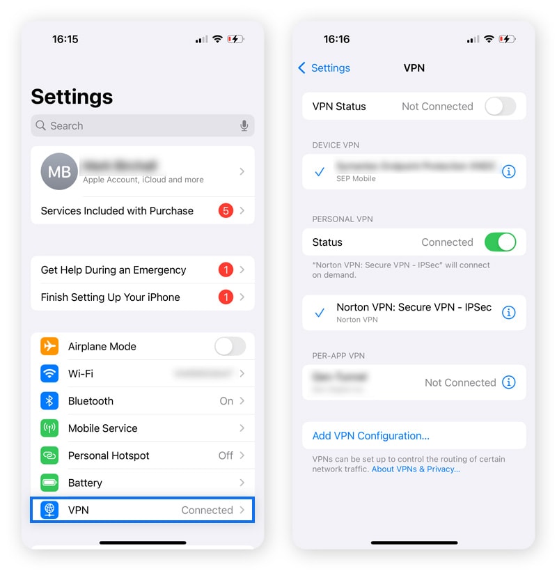 Screenshots from iOS Settings > VPN.