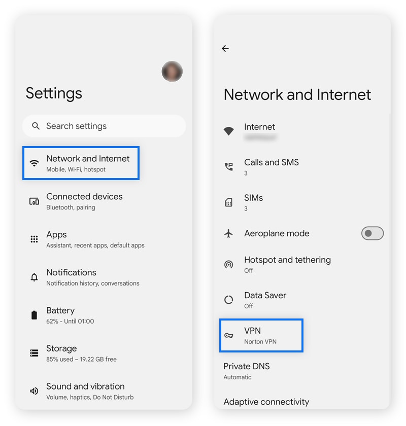 Screenshots from Android Settings > Network and Internet.
