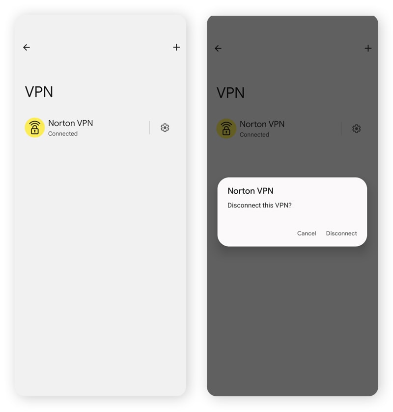 Screenshots from Norton VPN Connected > Disconnect.