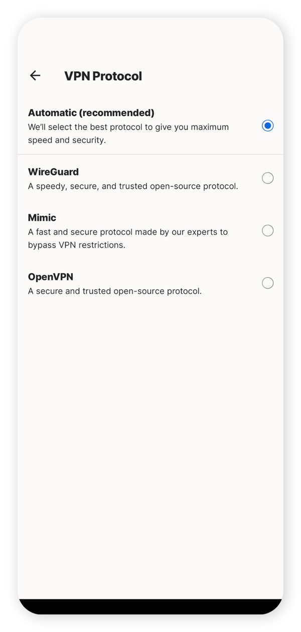 A screenshot of the protocol settings in Norton VPN