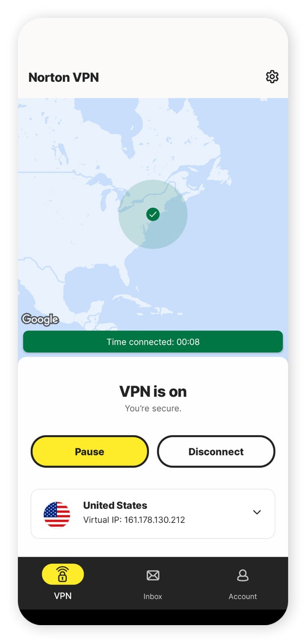 A screenshot of Norton VPN with an active connection