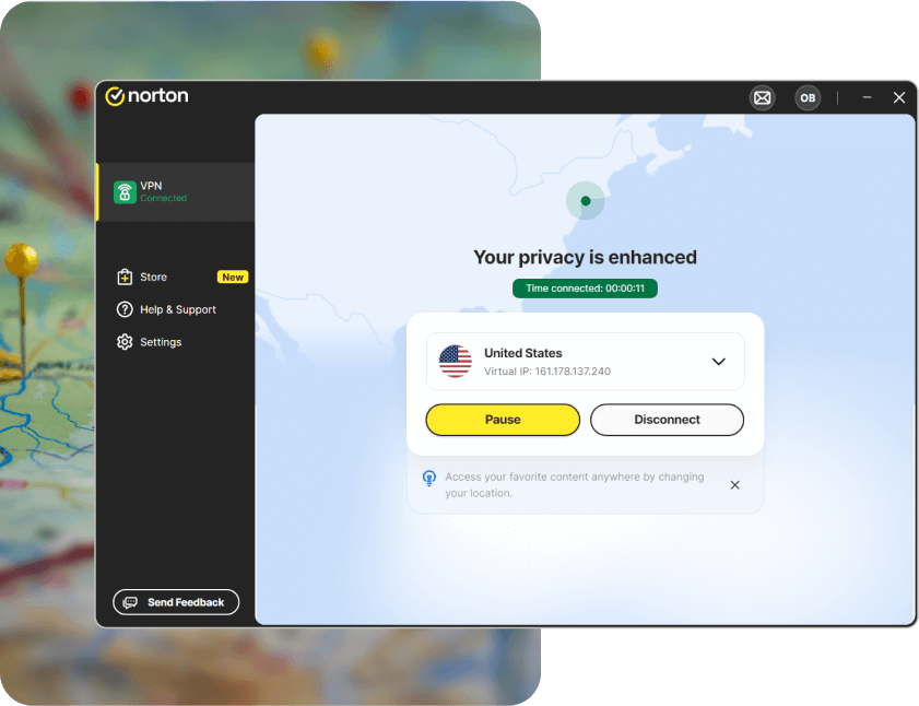 The Norton VPN main dashboard.