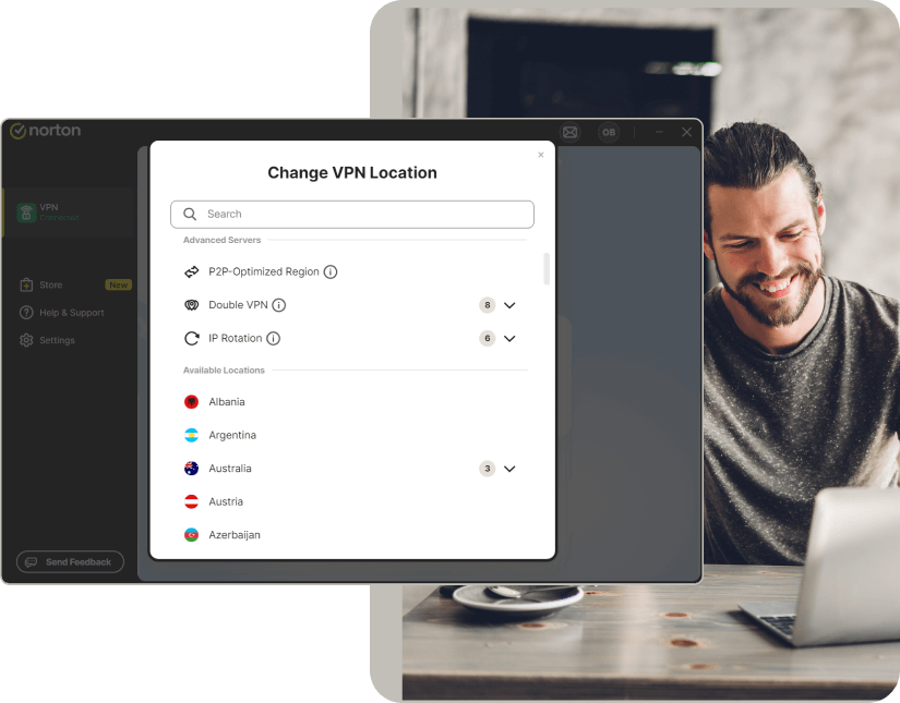 Changing VPN location on Norton VPN.