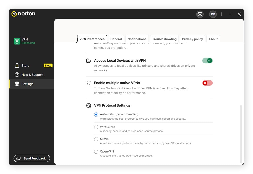 VPN protocol selection settings in the Norton VPN app.