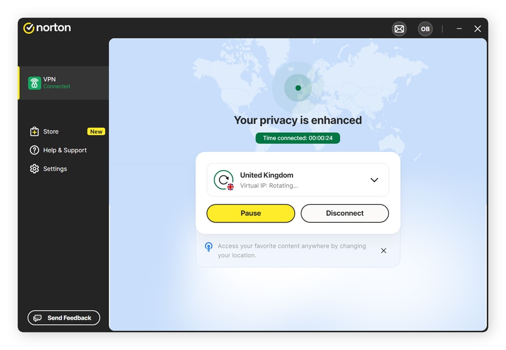 The Norton VPN desktop app showing an active VPN connection.
