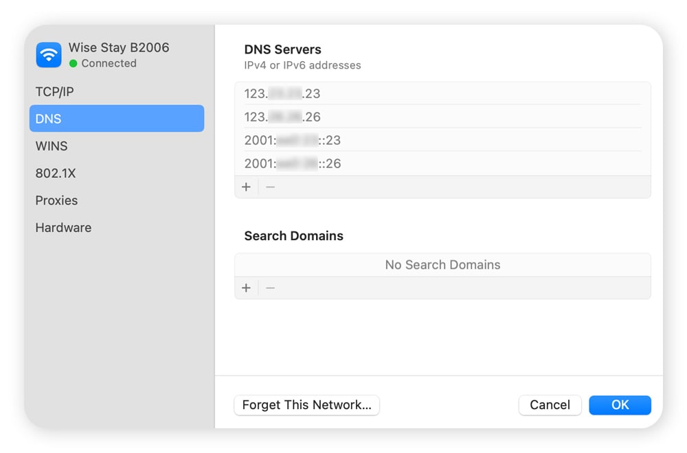 Menu for changing DNS servers manually on Mac.