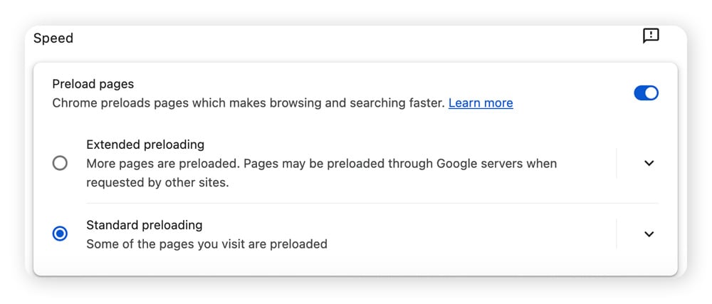 The preload pages menu in Google Chrome settings.
