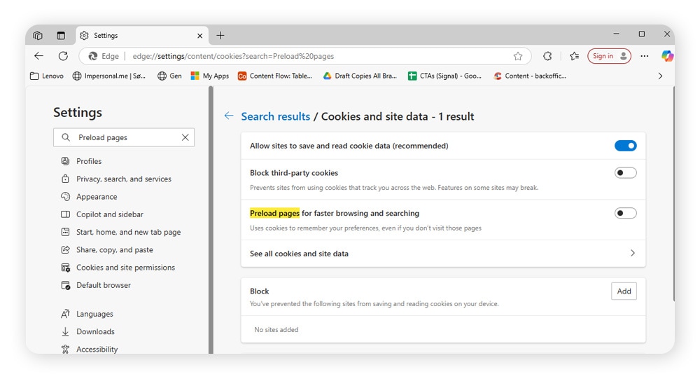To prevent prefetching in Microsoft Edge, toggle off Preload pages for faster browsing and searching.
