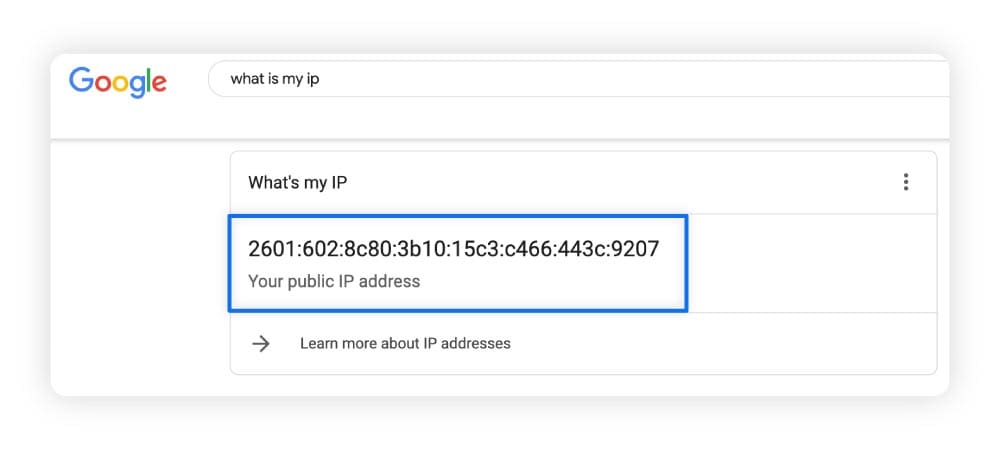 An example of where you can find your IP address on Google.