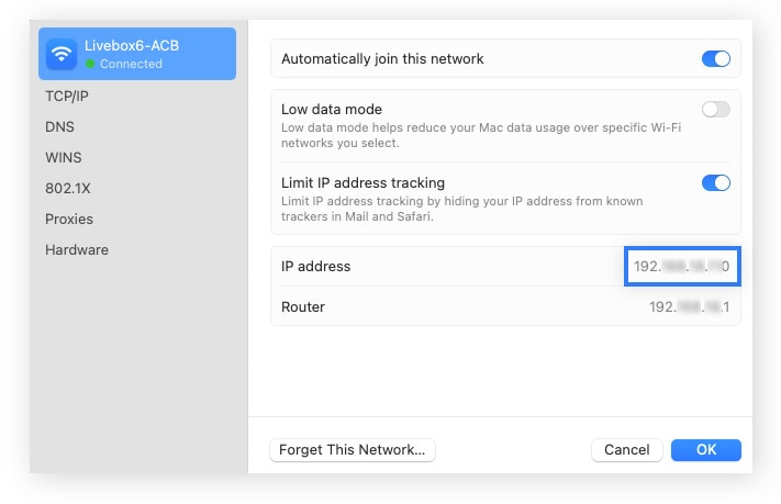 A screenshot showing the IP address through Mac settings.