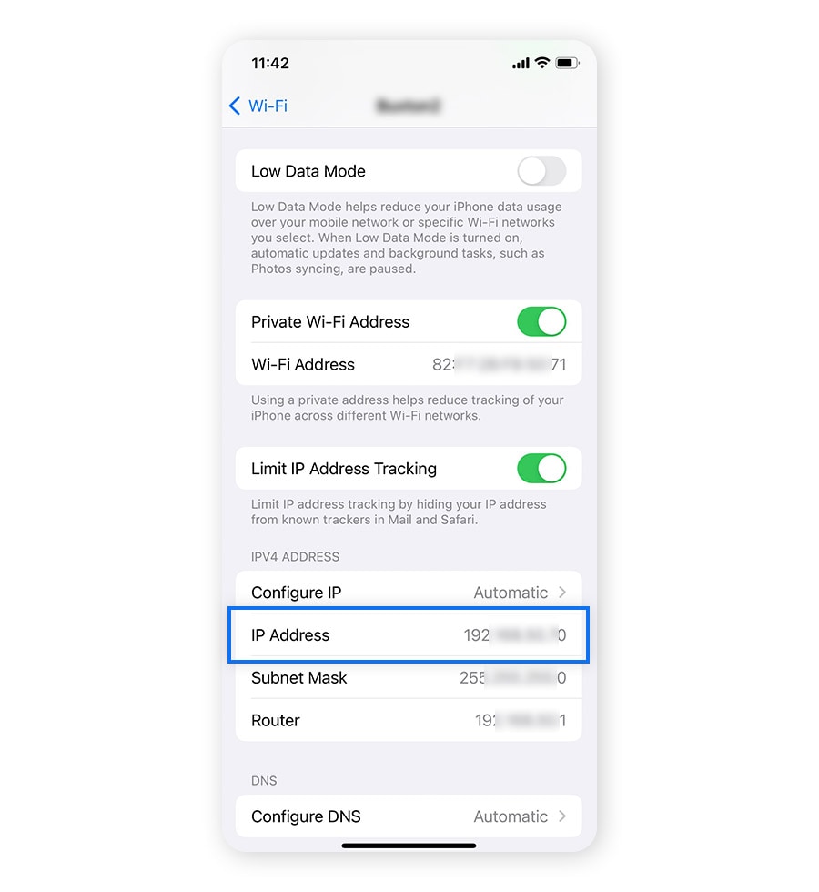 A screenshot showing the IP address from an iPhone’s settings.