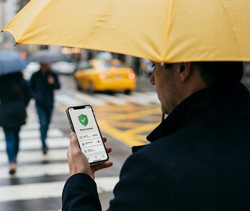 A man walking down the street with an umbrella checking his cybersecurity app.