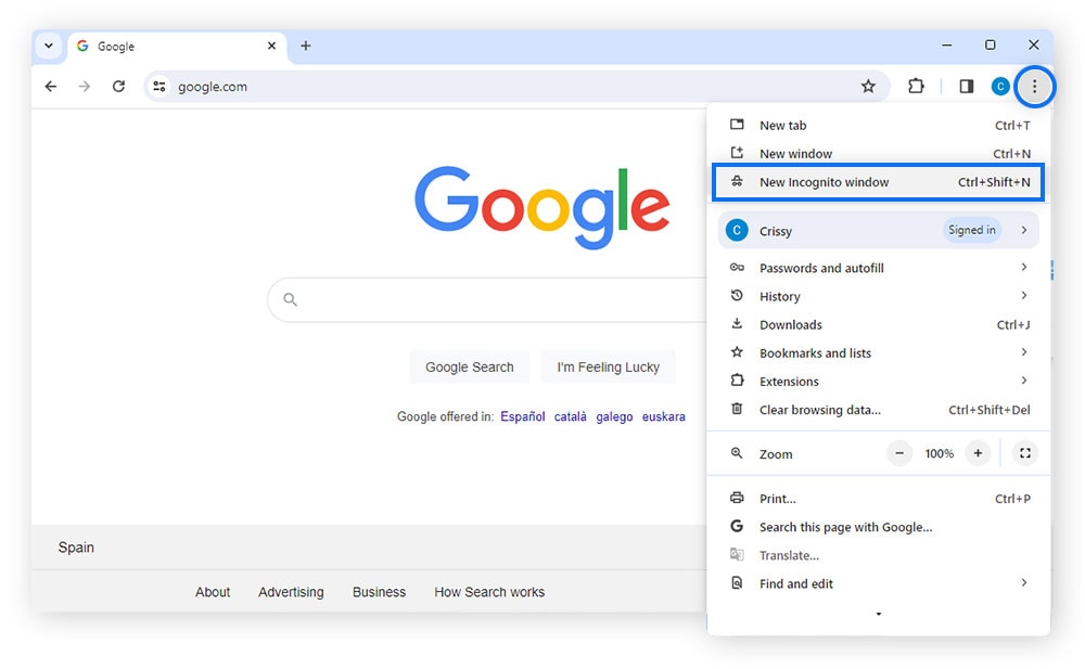 Screenshot of Google Chrome menu > New Incognito Window.