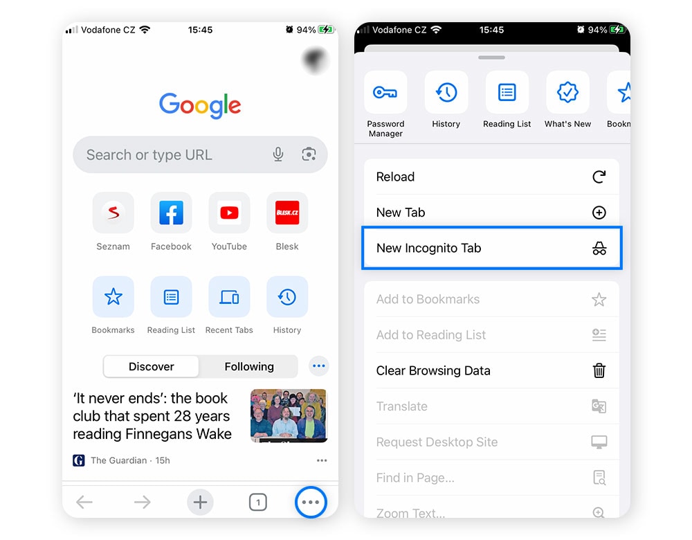 Screenshot of Google Chrome menu on mobile > New Incognito Window.